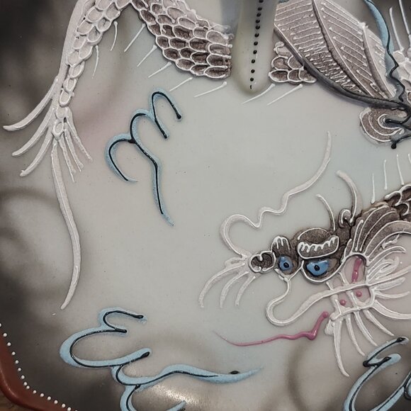 Moriage Embossed Blue Eyed Dragon Handled Nappy Plate RS Japan Porcelain Vintage - Picture 6 of 15